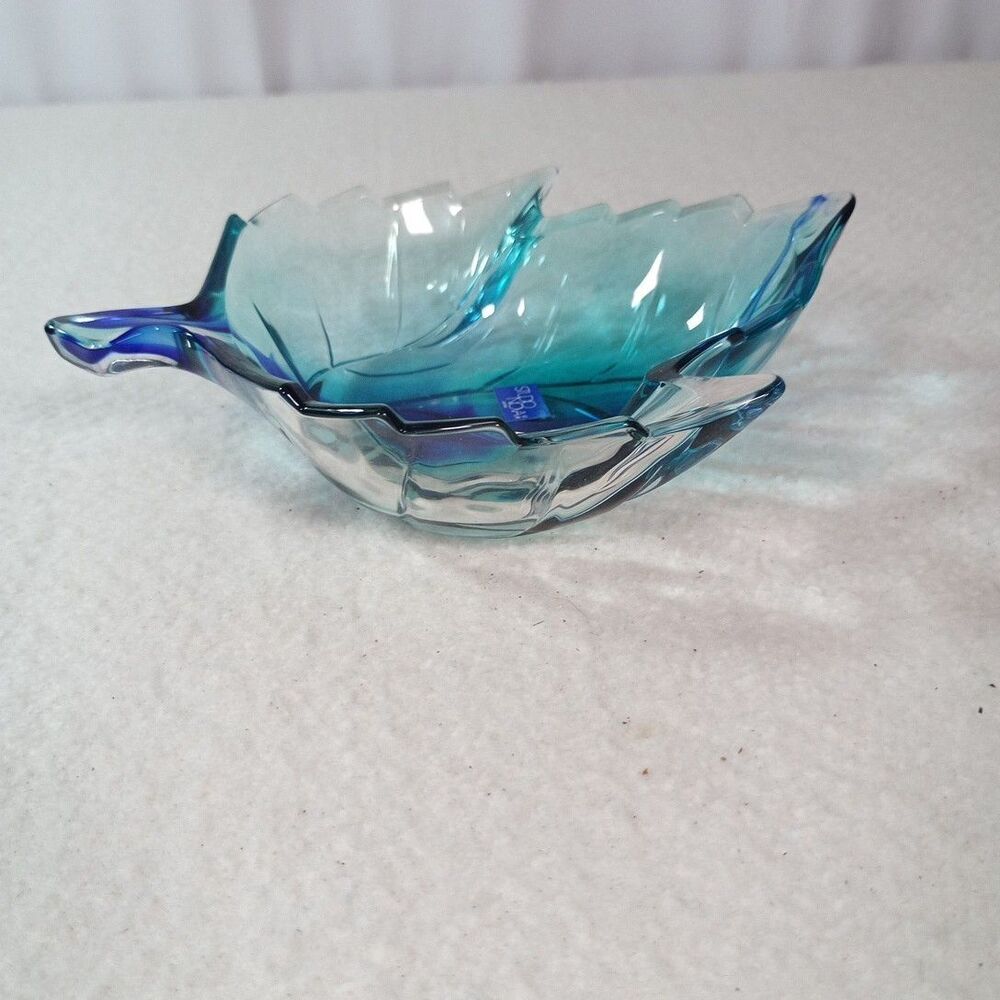 Studio Nova Cobalt Blue Green Maple Leaf Art Glass Dish Candy Trinket Holder - Picture 9 of 14